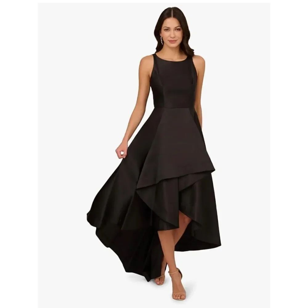 NWT Gorgeous Rare Adrianna Papell 14 Black Mikado High Low Gown Sleeveless Dress